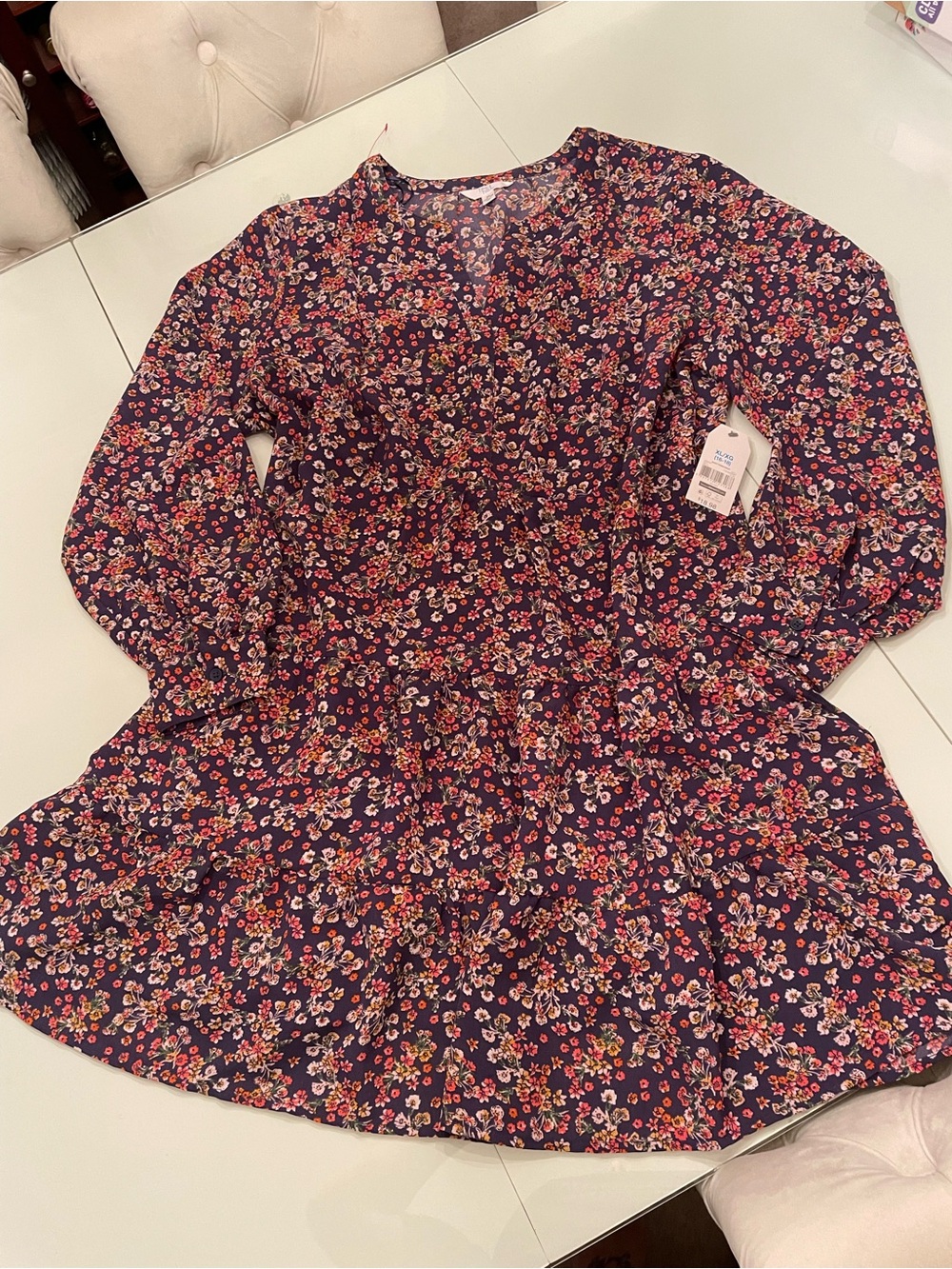 Time and Tru Navy Floral Long Sleeve Tiered Dress